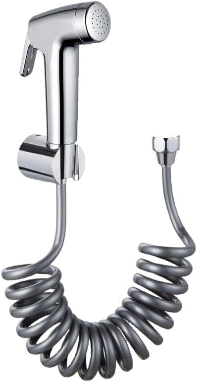 High Pressure Hand Toilet Bidet Set – Water Spray for Personal Hygiene and Bathroom Cleaning – with Flexible Hose and Mounting Base (Atomtic Bathroom Shattaf with Grey Spiral Hose) Faucet