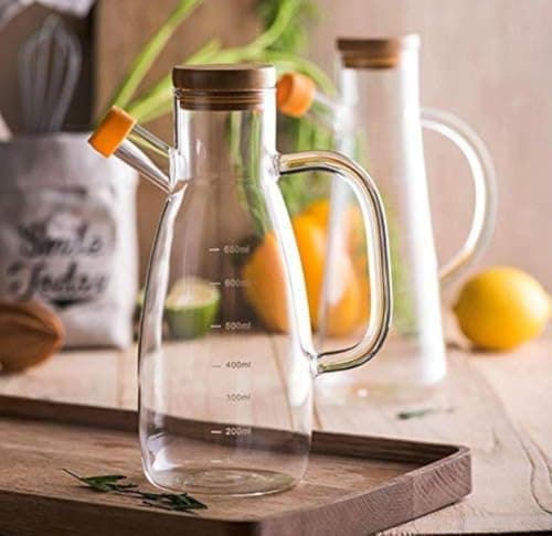 Genericn Glass Oil Dispenser Bottle with Wooden Lid and Handle, 1 Litre Capacity, with Measurement Markings, .flo