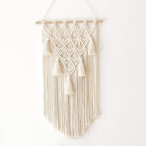 Macrame Wall Hanging, Boho Style, Cotton Rope, Beige, with Tassels and Wooden Dowel Hanging ornament