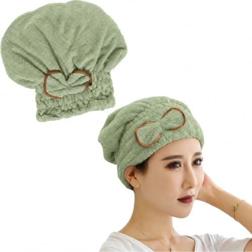 Hair Drying Towel - Microfiber Quick Dry Turban Cap for Wet & Curly Hair, Heat Protection Lightweight Soft Bath Wrap for Women & Girls Salon (Light Green)