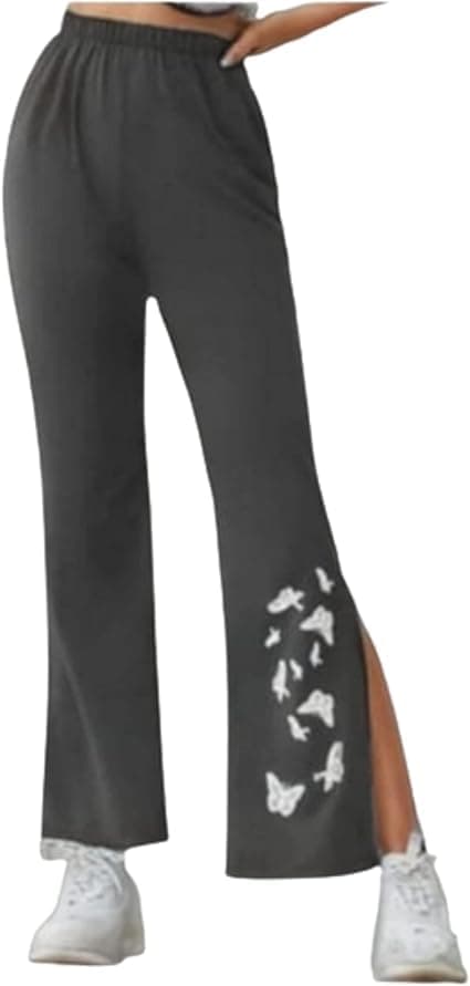 MEZA Women's Milton Flare Pants with Butterfly Print Side Slit