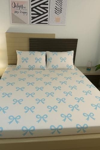 Generic Cotton Fitted Sheet Set with Blue Bow Print, White and Light Blue, 180 cm, Fits Mattresses up to 30 cm, Includes 2 Pillowcases, .reh Bed linen set