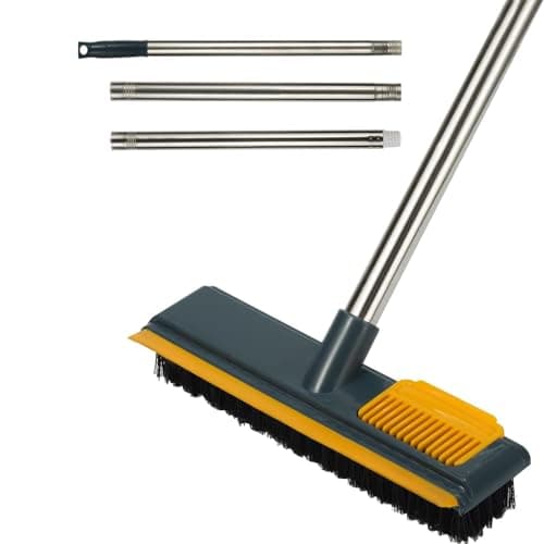 Joyzzz Floor Scrubbing Brush, 2 in 1 Floor Scrub Brush with Long Handle, Stiff Shower Scrubber with Squeegee, Shower Cleaner Brush with 108cm Extendable Handle for Kitchen (Blue) Broom