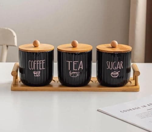 Generic Coffee, Tea and Sugar Canister Set of 3 with Wooden Lids and Display Tray, .bs