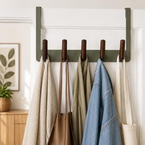 Over Door Storage Rack, 5 Hooks, 40cm, No Installation, Wooden Pegs, Olive | Bedroom And Entryway Use, Coats And Bags Storage, Easy Hanging, Space Saving, Ready To Use, Neat Organization, Durable Builds