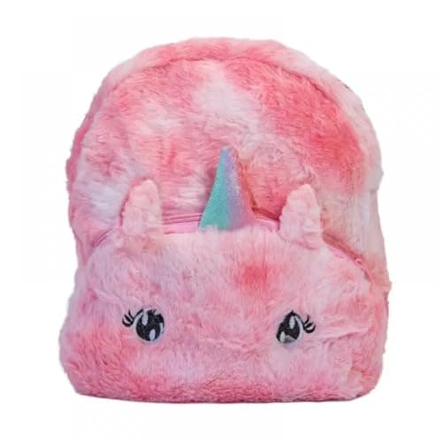 Kids Plush Backpack, Cartoon Multicolor Soft Fur with Golden Horn and Glitter Eyes, for Eid and School