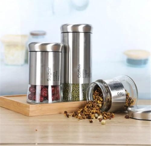 Generic Steel and Glass Jar Set for Coffee, Spices, Sugar and Tea, Silver, 3 Pieces, .kI