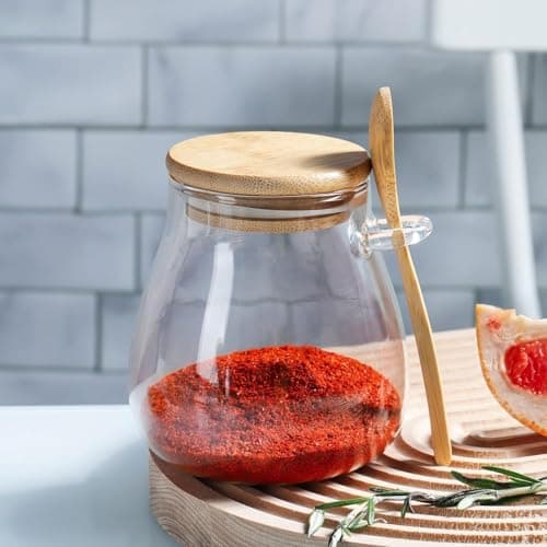 900ml Glass Storage Jar with Lid and Natural Wooden Spoon for Kitchen Organization Tea Coffee Legume Spices Modern Transparent Very Chic