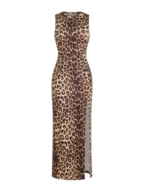 Women's Leopard Print Sleeveless High Split Long Dress - Vacation Beach Party Dress - Code 7717