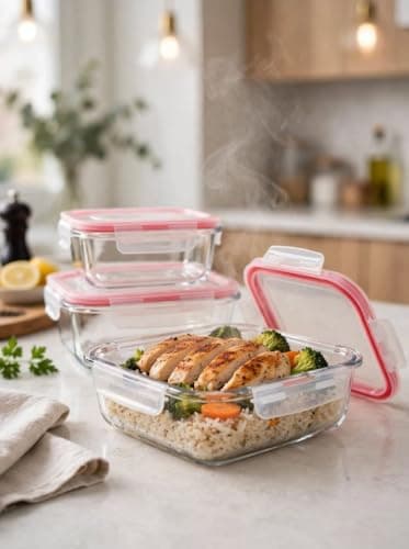 Generic Glass container set, Airtight lids, 3 practical sizes (small, medium, large) for salads, fruit, and meals, Freezer, refrigerator, and dishwasher safe, .ho