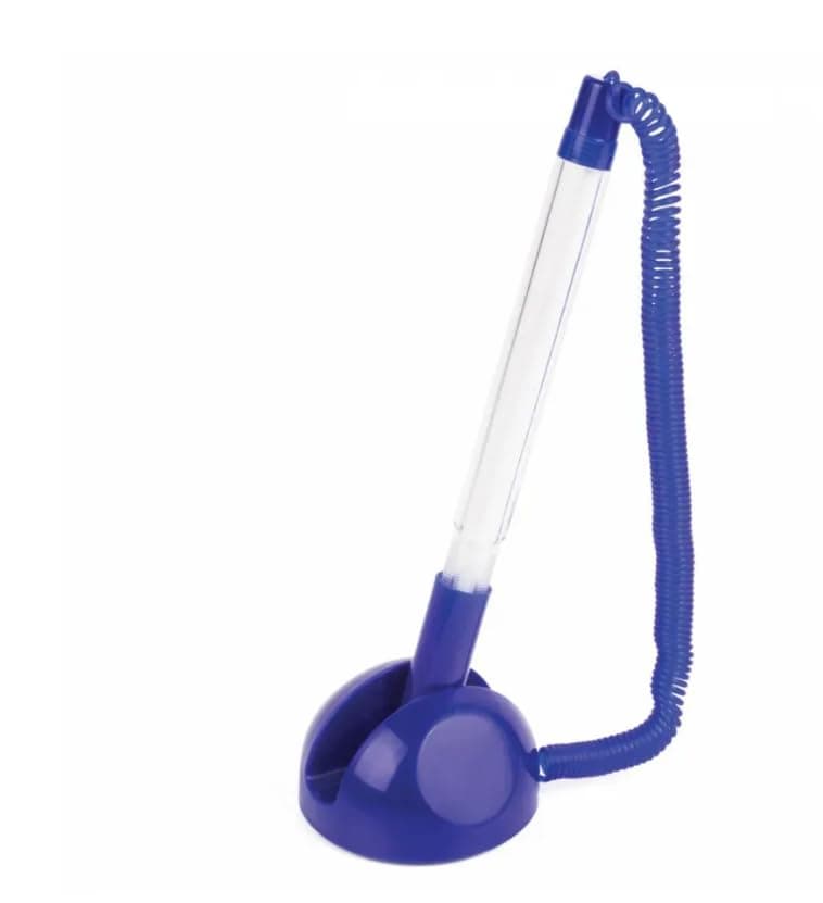 Desk Pen Holder with Base, with Spiral Chain, Pen Attached to Base and Sticky Smile Base for Home Office Supplies, Office Pen Holder, Blue Ink Caddy