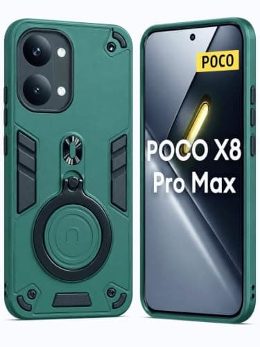 Case Compatible with Poco X8 Pro Max Dual Layer Protective Shockproof Hard Armor Cover 360° Rotating Finger Ring Kickstand and Car Magnetic Mount, Green