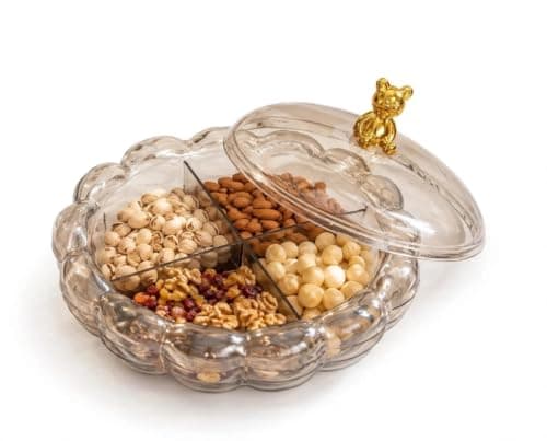 Generic 4-Compartment Acrylic Snack Tray, Durable and practical acrylic material., Lid keeps sweets and snacks free from dust., Ideal for nuts, chocolates, candy, dates, and dried fruits, .ho