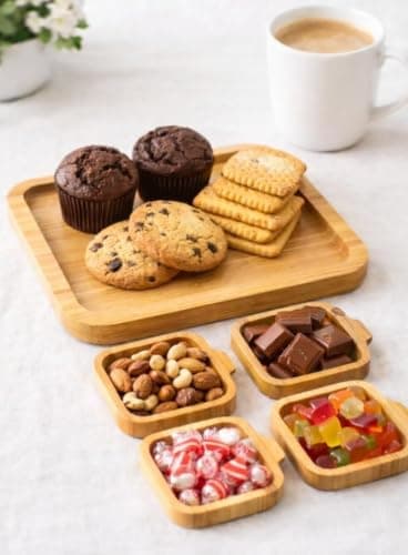 Generic Wooden Serving Tray with Four Separate Dishes for Snacks, .bs