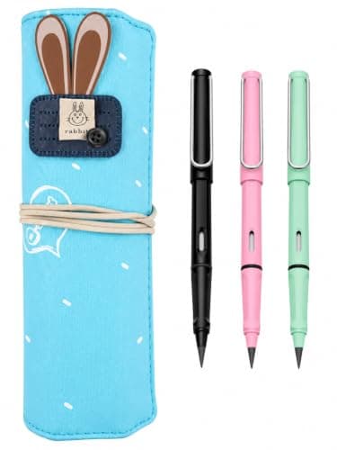 Wrap Pencil Case +3 Forever Pencils, Roll-Up Pencil Pouch, Reusable Canvas Pen Organizer with Elastic Band, Magic Inkless Pencils for School, Office, Drawing & Gift - Cute Rabbit Turquoise Carrier bag case