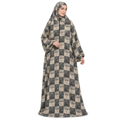 Women's Checkered Prayer Abaya with Attached Hijab, Full Length | Zip Front Closure, Modest Wear, Attached Khimar, Loose Fit, Long Sleeves