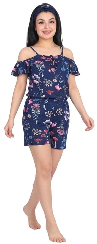Off Shoulder Women's Floral Pattern Jumpsuit with Hair Accessory, Elastic Waist, Side Pockets, Summer Casual Jumpsuit, Green and Navy One piece outfit