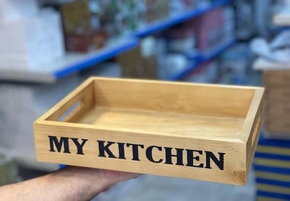 Rustic Wooden Storage Tray, Decorative Serving Tray with Text "My Kitchen", Made of Natural Wood
