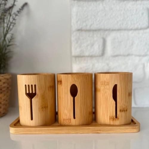 Generic Bamboo Cutlery Holder with Base,The set consists of three bamboo holders for spoons, forks, and knives, plus a wooden base, Imported product, .ht Item container