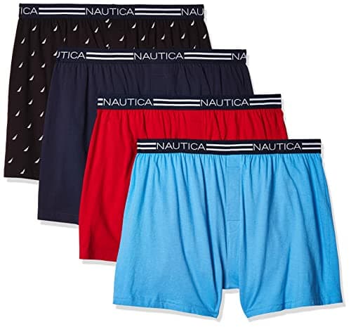 Nautica Men's Classic Cotton Loose Knit Boxer Shorts, Peacoat/Aero Blue/Nautica Red/Sails Black- 4 Pack, XXL Underpants
