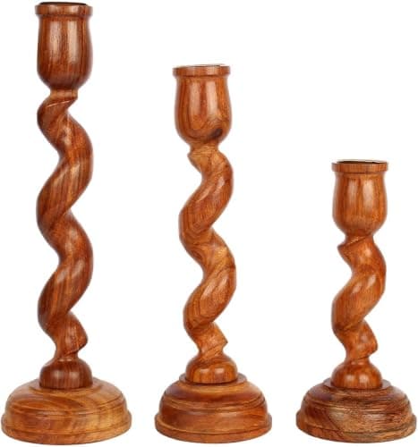 3-Piece Indian Sheesham Wood Spiral Candlestick Set Glossy Table Decor Candle holder