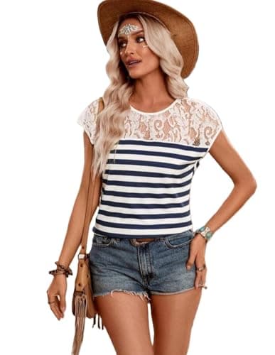 Women's Casual Short Sleeve Striped Lace Round Neck T-Shirt Blouse