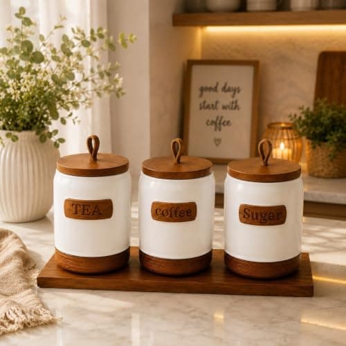 Generic Tea Coffee Sugar Canister Set of 3 with Wooden Tray, 750ml, Ais