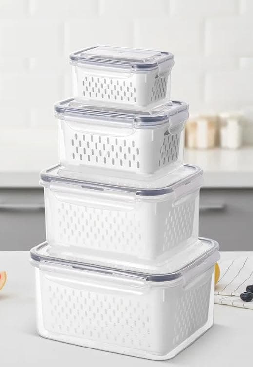 Generic Refrigerator Container Set with Drainer, 4 Pieces, for Storing Fruits and Vegetables, Fridge Organiser, .Ais Food storage container