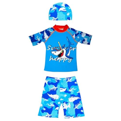 Mix&Max Boys Set of 3 Pieces Half Sleeves Swimsuit&Swimming Cap Printed Shark Two Piece Swimsuit (pack of 1)