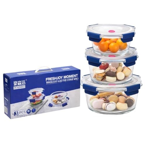 Premium Borosilicate Glass Food Storage Bowls Set Of 3 With Airtight Lids Microwave Oven Dishwasher Safe Meal Prep Kitchen Containers (3, Round)