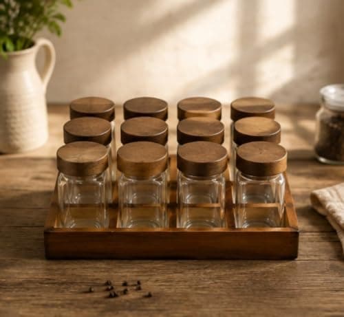 Generic Glass Spice Set,8 pieces + wooden stand,Material:Pure glass; lids,stand made of high-quality beech wood,Allows for easy visibility of contents,Suitable for organizing all types of spices, .ar