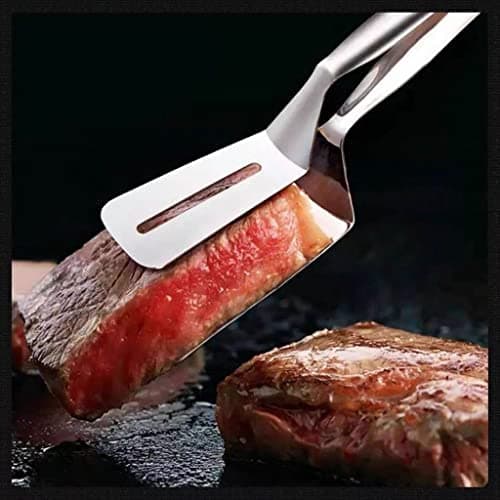 1Pcs Stainless Double Sided Spatula, Steel Steak Clamps Multifunctional Food Flipping Spatula Tongs Clip for Fish fries Beefsteak Bread Hamburger BBQ Meats Pizza Pies Tong utensil