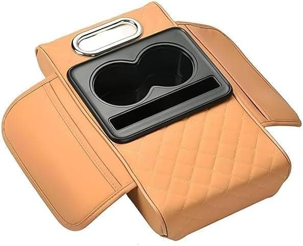 Multifunctional Car Center Console Cover with Comfort Cushion, Cup Holder and Side Pockets for Armrest Support (With Tissue Box, Camel) - AGA