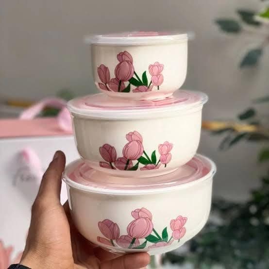 Generic 3-Piece Porcelain Container Set with Floral Print, .hg Food storage container