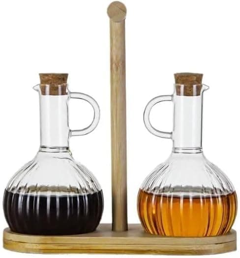 Oil and Vinegar Bottles Set of 2, Clear Glass Oil Bottles with Bamboo Base Airtight Lids for Oil, Vinegar, Sauces, Add Neat and Tidy Touch to Kitchen.