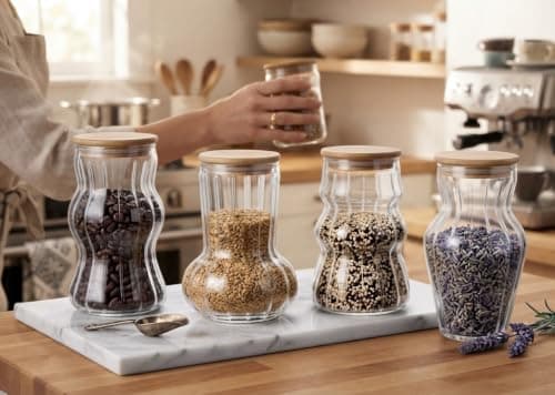 4 Piece Ribbed Glass Storage Jars Set with Airtight Wooden Lids 420ml Clear Kitchen Containers for Organizing Coffee Beans Tea Leaves Spices Pasta Food storage container