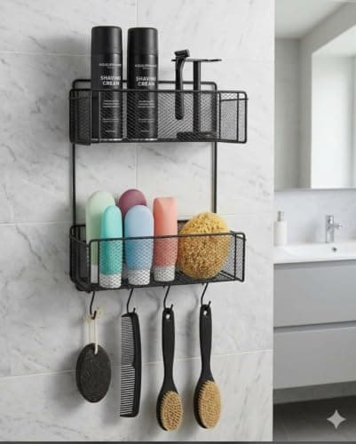 Generic Two-Tier Wall Shower Caddy with Hooks, Black, 45x35x14 cm, .Ais