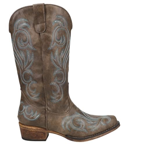 ROPER Womens Riley Embroidered Snip Toe Casual Boots Mid Calf Low Heel 1-2" - Blue, Brown, 39 EU