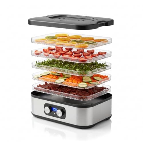 Professional Electric Fruit Food Dryer - Jerky Meat Vegetable Dehydrator Machine with 5 Stainless Steel Shelves - Precise Heat Control and 360° Air Distribution for Healthy Snacks No Preservatives