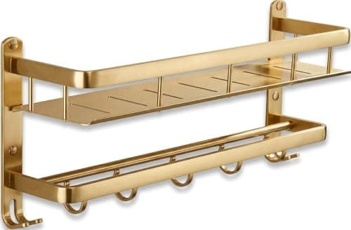 Bathroom Organizer Rack - Wall Mounted Aluminum Towel Rack with 5 Hooks for Hanging Toiletries Bathroom Essentials Multifunctional Rustproof Shower Toilet Organizer with Drain Holes, 60cm, Gold