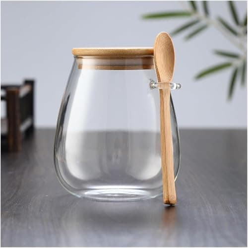 900ml Borosilicate Glass Storage Jar with Airtight Natural Wood Lid and Integrated Wooden Spoon for Kitchen Organization Tea Coffee Beans