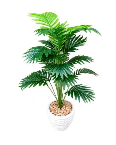 Decorative Artificial Palm Tree 24 Branches in Plastic Pot 100cm | Indoor Decor Plant, Suitable for Home and Office, White Plastic Pot, Realistic Luxury Design, Decorative Pebbles Included