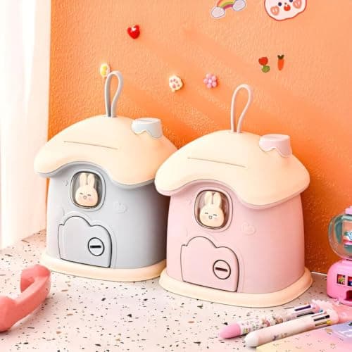 Decorative Piggy Bank - Mushroom House Coin Container Large Capacity | 2 Key Attachment, 20x17x5.5 Inch, Office & Shelves, Funny Rabbit Design, Lightweight and Portable Money bank