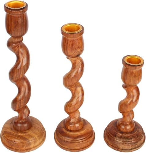 3-Piece Indian Sheesham Wood Spiral Candle Holder Set Handmade Glossy Decor