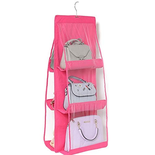 abcdef Closet Purse Organizer, Clear 6 Pockets Bag Hanger, Foldable Dust-Proof Hanging Purse Holder for Home Wardrobe Living Room (Pink) Caddy