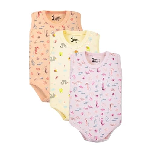 Funny Bunny Pack of 3 Printed Color Cotton Wide Cut Bodysuit for Baby Leotard