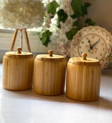Generic Wood Canister Set, 3-Piece Coffee Corner Set with Lids, Water-Resistant, Natural Wood Finish, .mak Jar