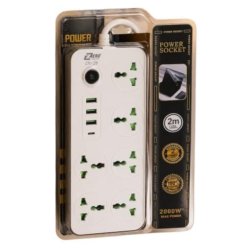 ZR-28 Multi-Plug Power Strip Extension Cord with 6 Universal Outlets, USB & Type-C Charging Ports, 2000W Heavy Duty Power Socket, 2-Meter Long Durable Cable