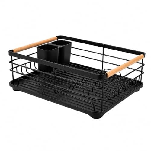 Dish Drainer with Wood Handle – Dish and Cup Organizer with Strainer for Spoons and Forks and Tri Plastic Draining | Black A