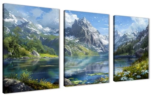 SKILLS Wall Art - Mountain Lake Wall Art - Wall Hanging - Snow Covered Mountains - Forest - Wall Art for Living Room, Bedroom, Office Decorations & More (30cm x 40cm x 3pcs)